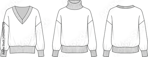 Women's oversized sweater technical fashion flat sketch template set, V-neck and turtleneck knitwear CAD drawing, apparel flat vector illustration, blank mockup