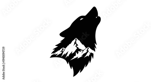 Majestic Howling Wolf Silhouette with Mountain Peaks, Symbolizing Wilderness, Freedom, and Nature's Strength