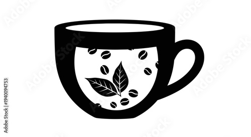 Minimalist Black and White Icon of a Cup Featuring Coffee Beans and Tea Leaves Blend