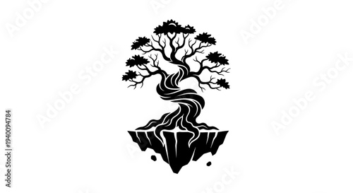 Graceful Twisted Tree Logo Design with Exposed Roots on a Floating Island Concept Art
