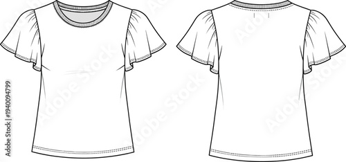 Women's Crew Neck T-Shirt Technical Flat Sketch with Ruffle Flutter Sleeves, Front and Back View, Fashion CAD Drawing Flat Vector Illustration