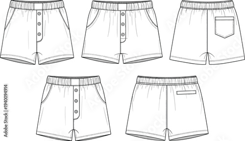 Men's Lounge Shorts Technical Flat Sketch Set, Boxer Shorts with Button Fly, Elastic Waistband Sleepwear, CAD Drawing Flat Vector Illustration Template