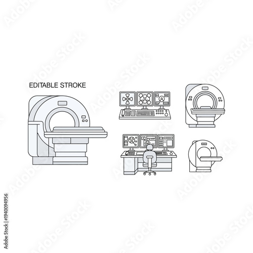A technical illustration of a medical CT scanner and its various components in a clean design style