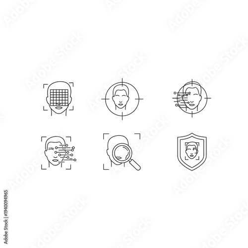 A set of six black and white line art icons representing security and protection concepts