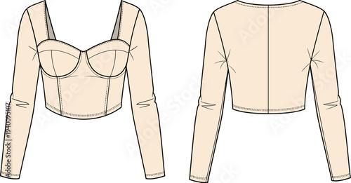 Women Long Sleeve Sweetheart Neck Corset Style Crop Top CAD Drawing Flat Vector Illustration Front and Back View Technical Sketch