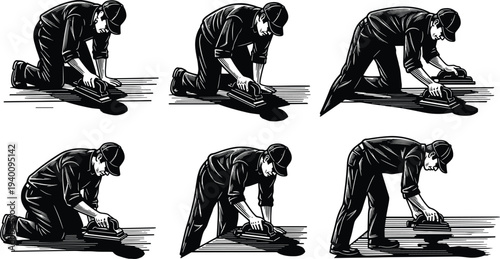 Set of professional handyman silhouettes featuring male construction workers kneeling and standing while using manual floor sanders for home renovation and wood finishing projects.