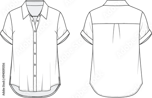 Women Short Sleeve Button Down Shirt with Rolled Cuffs CAD Drawing Flat Vector Illustration Front and Back View Technical Sketch