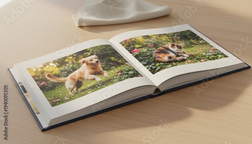 A wide-open photo album filled with cherished pet memories, displaying vibrant images of a golden retriever and a cat, for a sentimental lifestyle concept