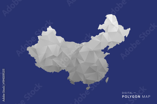 China Map - Polygon White and Black map Style Vector Illustration, Low Poly Geometric Design, Isolated on blue Background.