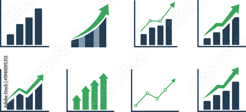 Business growth charts collection with bar graphs and upward arrows financial analytics vector icons set