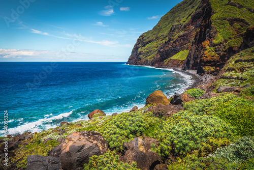 Picturesque seaside steep green slopes in Madeira Island, Portugal
