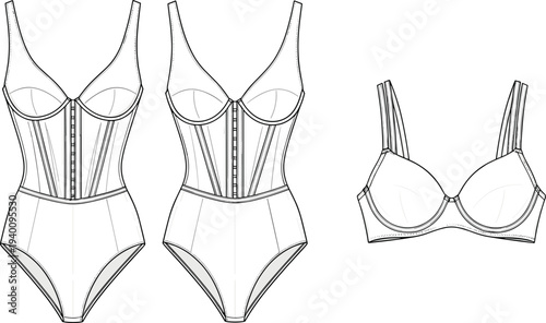 Technical CAD flat vector illustration featuring women's underwire corset bodysuit with hook and eye front closure and matching classic balconette bra