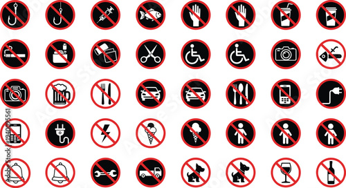 Large Collection of Red Prohibited Warning Sign Icons Including No Smoking No Pets No Food and No Cameras
