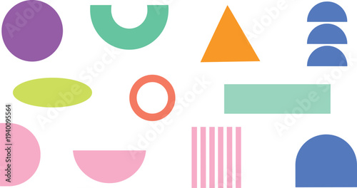 Colorful geometric shapes collection with circles triangles rectangles and abstract minimal design elements vector set