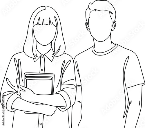 Young students standing together line art illustration with books education university people outline vector