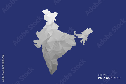 India Map - Polygon White and Black map Style Vector Illustration, Low Poly Geometric Design, Isolated on blue Background.
