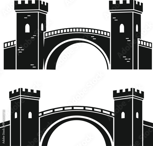 Black Vector Silhouette Set of Medieval Stone Arch Bridges With Two Fortress Guard Towers and Crenellated Battlements