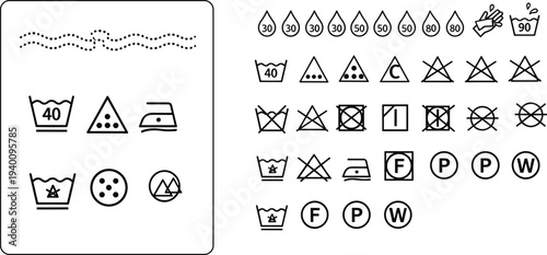 Set of Laundry Care Symbols for Clothing Labels Including Washing Bleaching Ironing Drying and Professional Dry Cleaning Icons