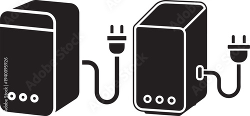 Computer Tower Icons with Power Cables, Simple Black and White Icons for Technology and Connectivity