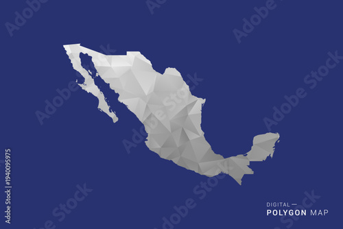 Mexico Map - Polygon White and Black map Style Vector Illustration, Low Poly Geometric Design, Isolated on blue Background.