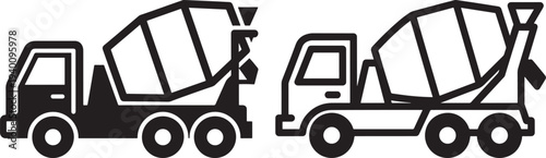Concrete Mixer Truck Icons, Black and White Symbols for Construction and Heavy Machinery