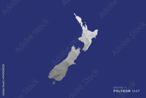 New Zealand Map - Polygon White and Black map Style Vector Illustration, Low Poly Geometric Design, Isolated on blue Background.