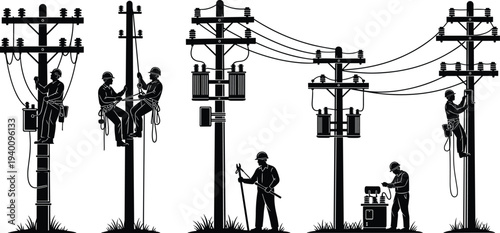 Set of professional linemen silhouettes working on high voltage utility poles and power lines, electrical maintenance and infrastructure repair vector illustration isolated on white.