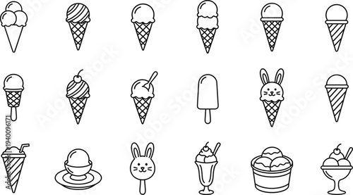 Ice cream dessert icon set featuring cone popsicle sundae milkshake gelato frozen treat summer sweet food collection