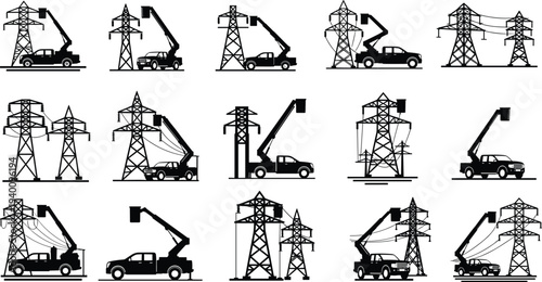 Set of professional linemen silhouettes working on high voltage utility poles and power lines, electrical maintenance and infrastructure repair vector illustration isolated on white.