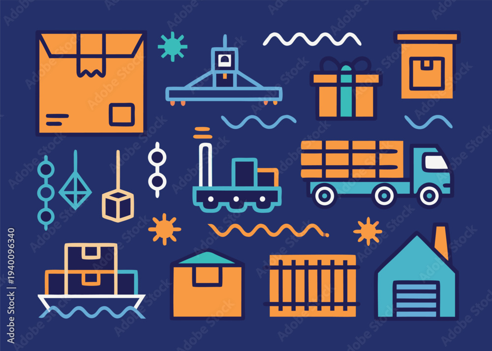 Fototapeta premium A set of logistics and transport icons showing a shipping container ship and a cargo truck on a dark blue background.