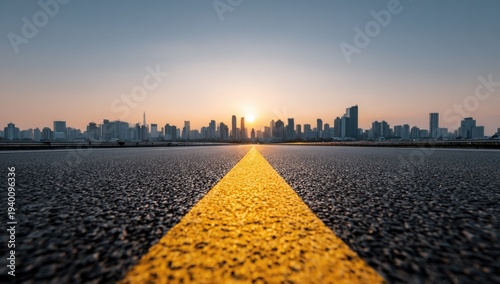 Empty asphalt road with yellow line leading to modern city skyline at sunset.