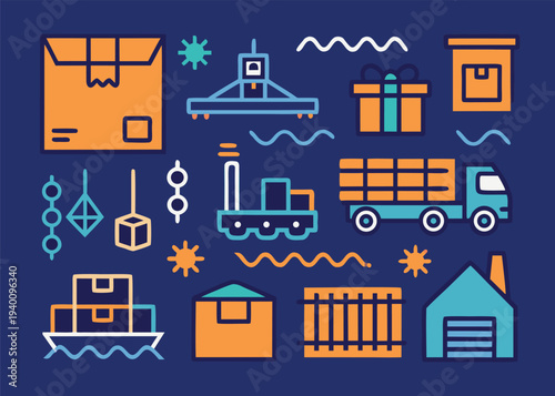 A set of logistics and transport icons showing a shipping container ship and a cargo truck on a dark blue background.