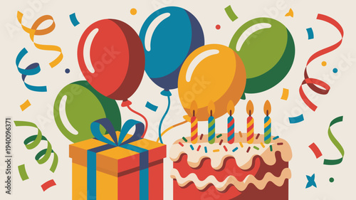 Colorful balloons and gift box surrounding a birthday cake with candles in a festive celebration scene