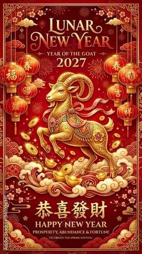 Lunar New Year 2027 poster featuring a golden goat zodiac symbol, red festive background, Chinese decorative patterns, elegant celebration design

