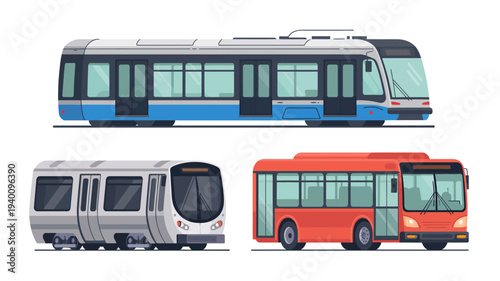 Vector illustration of public transport vehicles including buses and trains showcased from a front and side viewpoint
