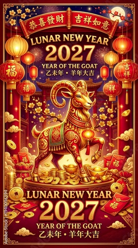 Luxury Lunar New Year poster with goat zodiac mascot, lanterns, festive red and gold color palette

