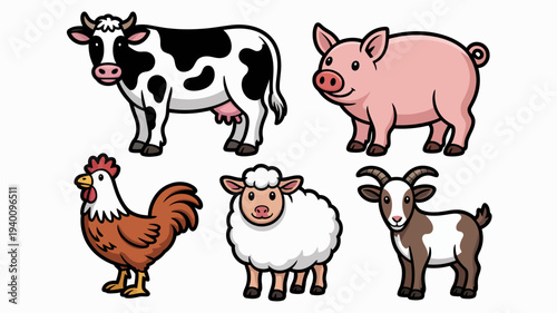 Illustration of farm animals including cow, pig, rooster, sheep, and goat in a farm setting