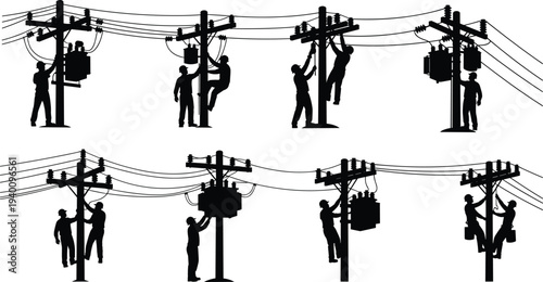 Set of professional linemen silhouettes working on high voltage utility poles and power lines, electrical maintenance and infrastructure repair vector illustration isolated on white.