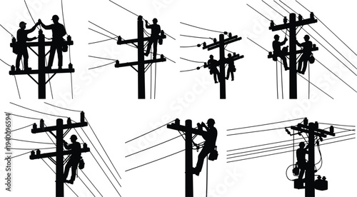 Set of professional linemen silhouettes working on high voltage utility poles and power lines, electrical maintenance and infrastructure repair vector illustration isolated on white.