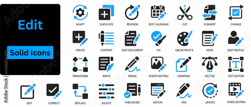 Edit solid icon set. Edit tool icon set. Containing editor, create, adjust, note, compose, revision, cut, duplicate, pen and document icons. Solid icon collection. Solid icons set. 