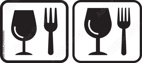 Black icons of a wine glass and fork with a plate, symbolizing dining or restaurant services, clean vector graphic design on white background