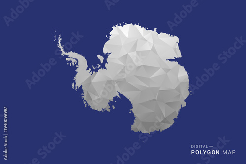 Antarctica Map - Polygon White and Black map Style Vector Illustration, Low Poly Geometric Design, Isolated on blue Background.