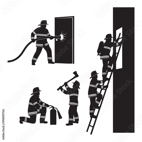 Firefighters in action, silhouettes working on a burning building