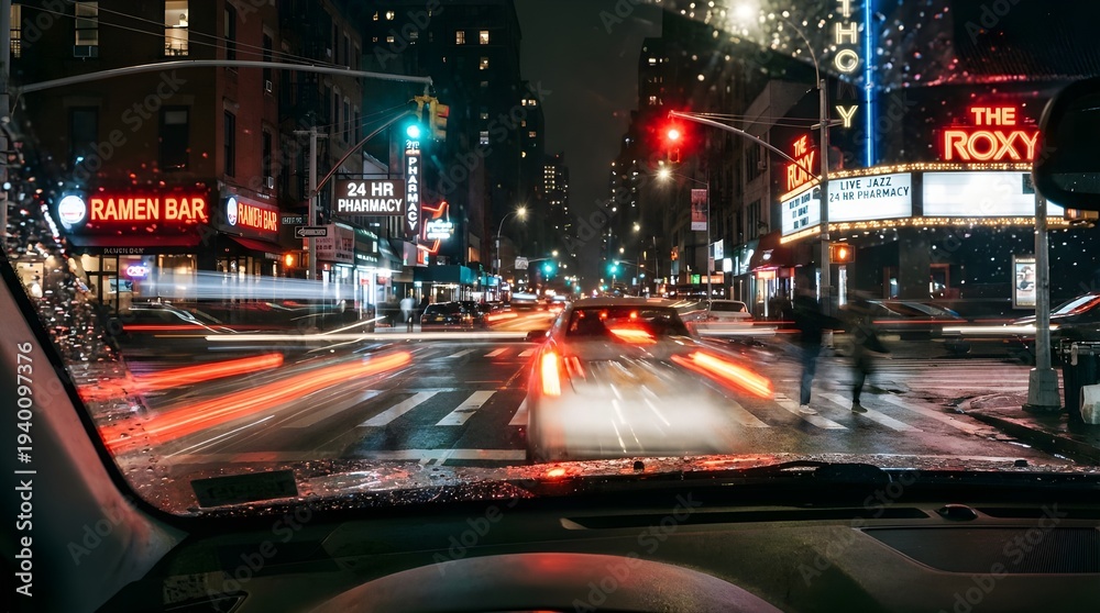 Fototapeta premium Busy Night Intersection Vehicle POV With Streaking Headlights, Vivid Signage, And Cinematic Urban Realism