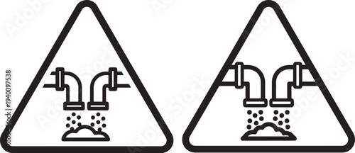 Warning Icons Showing Drainage Pipes and Falling Particles on White Background