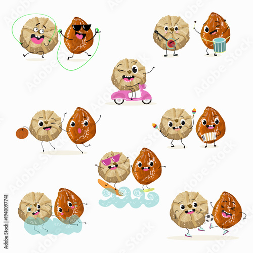 Funny Characters Ma'amoul dessert, Turkish candied chestnut (Kestane Sekeri) , hand drawn vector illustration.