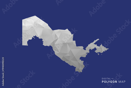 Uzbekistan Map - Polygon White and Black map Style Vector Illustration, Low Poly Geometric Design, Isolated on blue Background.
