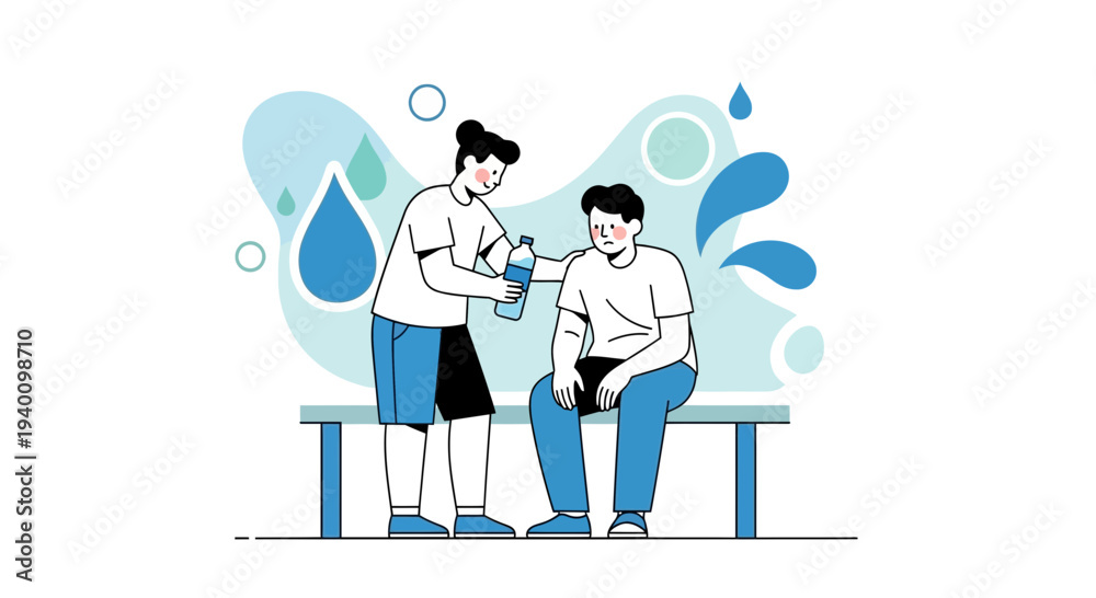 Fototapeta premium Caring person offers water to tired man sitting on bench, hydration concept