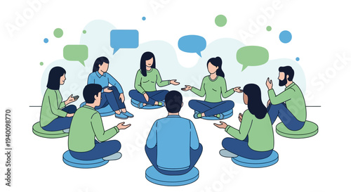 Diverse group of people in circle, discussing ideas, teamwork, communication, brainstorming, meeting