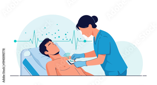 Doctor attaching EKG sensor to patient in hospital bed, monitoring heart health with technology